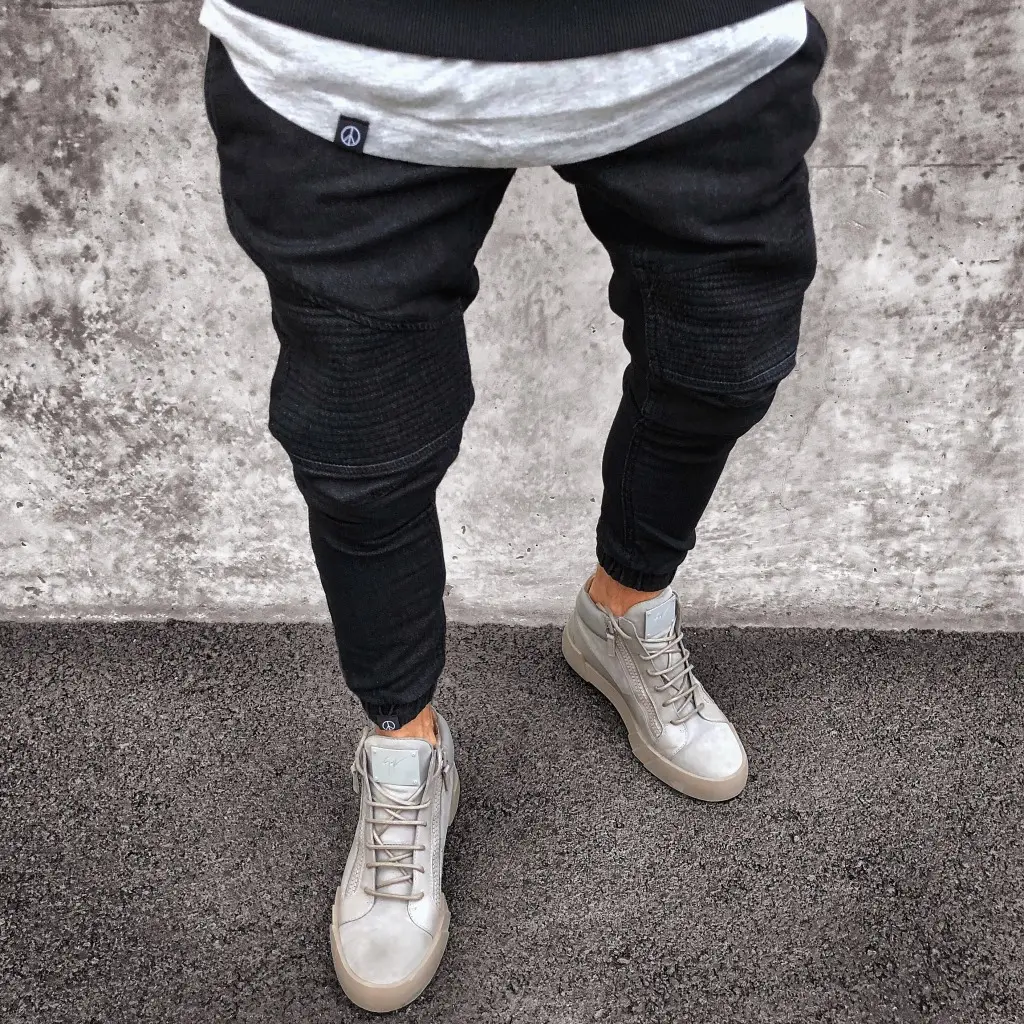 Men Jeans Mid Waist Solid Pencil Pants Denim Sheath Pockets Slim Fit Ankle Length Spring Slight Strech Casual Solid Color