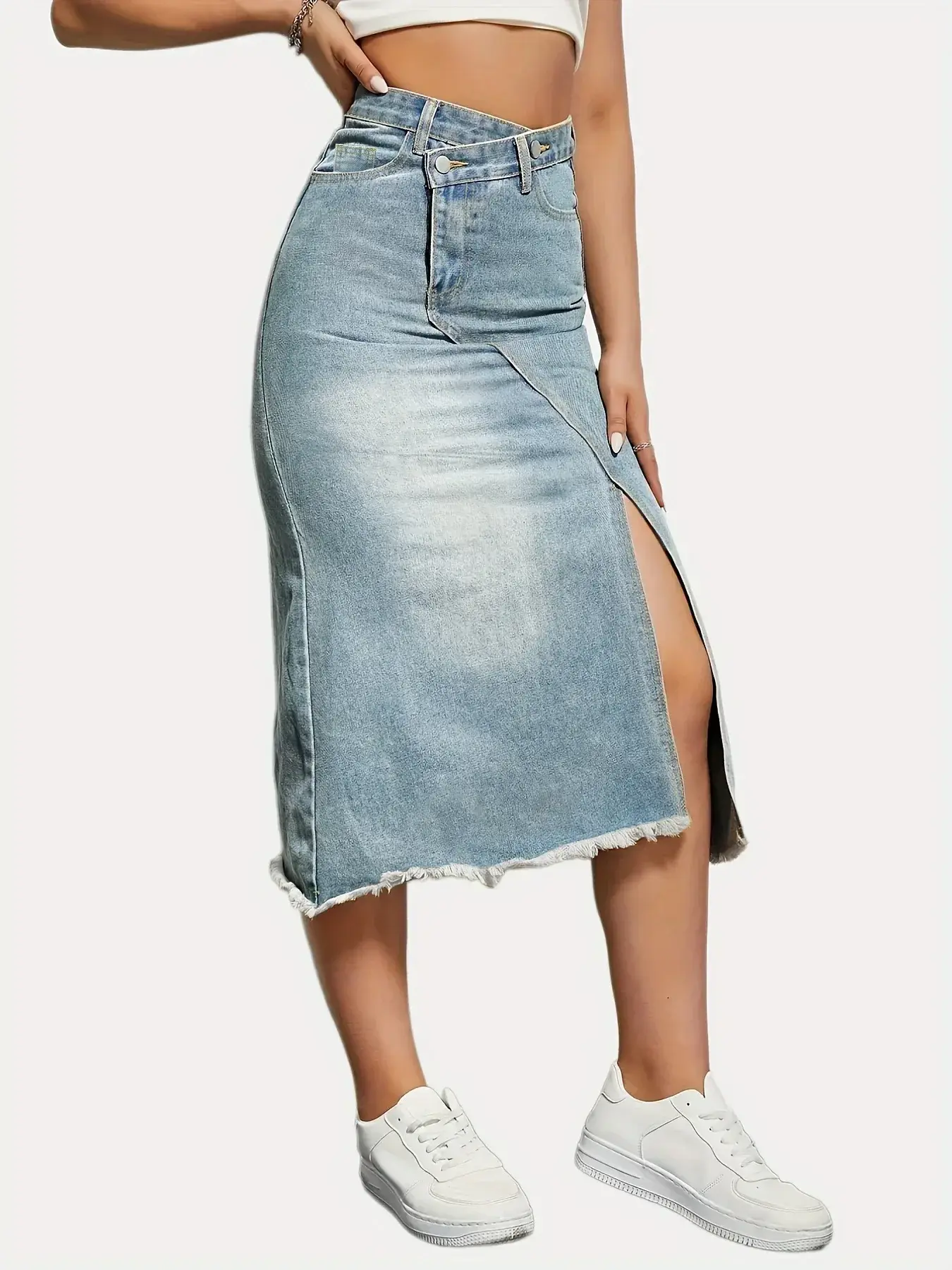 Denim Skirts Women Dress Wrap Buttocks High Street Sexy Skirt Patchwork Spliced Ankle Length Y2k Streetwear Pocket Slight Strech