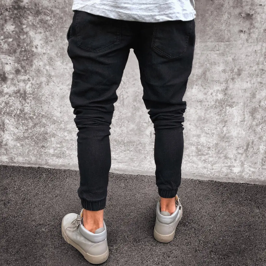 Men Jeans Mid Waist Solid Pencil Pants Denim Sheath Pockets Slim Fit Ankle Length Spring Slight Strech Casual Solid Color