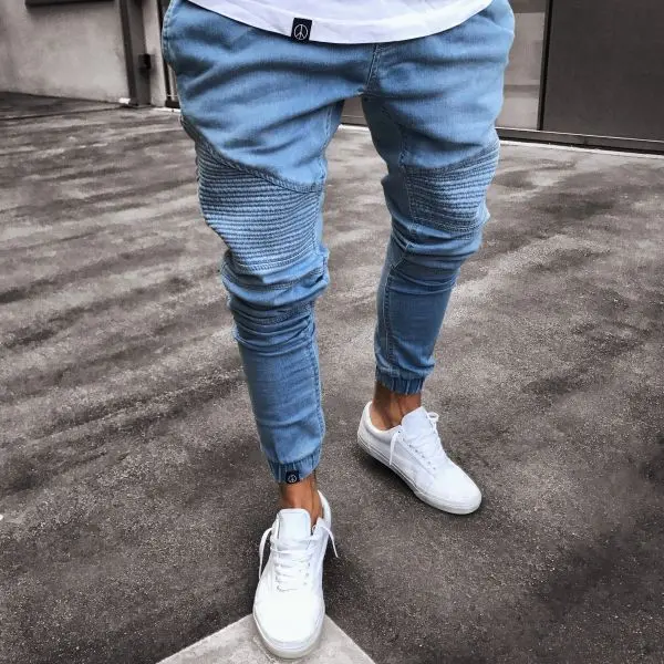 Men Jeans Mid Waist Solid Pencil Pants Denim Sheath Pockets Slim Fit Ankle Length Spring Slight Strech Casual Solid Color