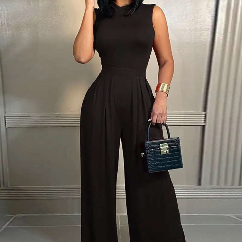 High Street Sleeveless Women Jumpsuit Wide Leg Pant Overall Romper Party Prom High Waist Streetwear Regular Fit Jumpsuits Summer