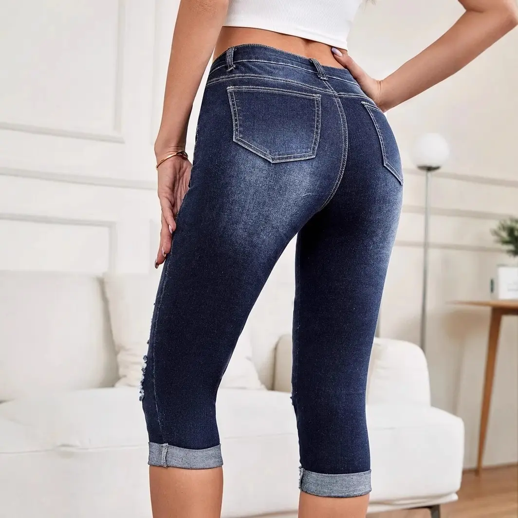 Denim Pant Women Jeans Calf Length Pants Hole Slim Fit Mid Waist Straight Trousers Y2k Streetwear Casual Mom Jeans Splice Club