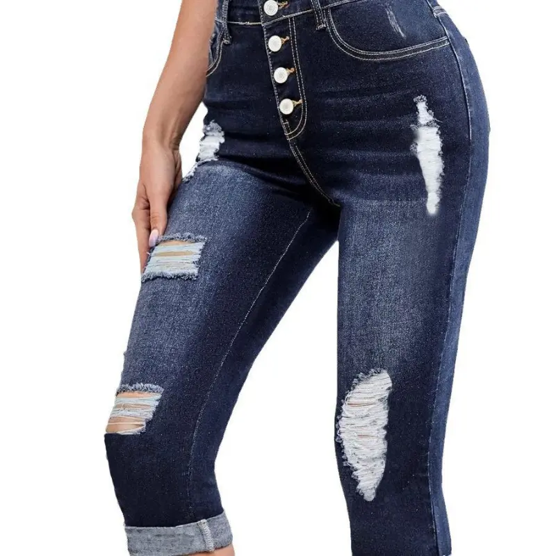 Denim Pant Women Jeans Calf Length Pants Hole Slim Fit Mid Waist Straight Trousers Y2k Streetwear Casual Mom Jeans Splice Club