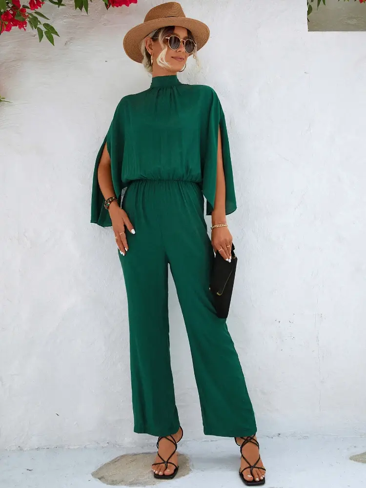 Party Jumpsuits Women Stand Collar High Waist Rompers Streetwear Ankle Length Wide Leg Pants Loose 2024 Summer Pockets One Piece