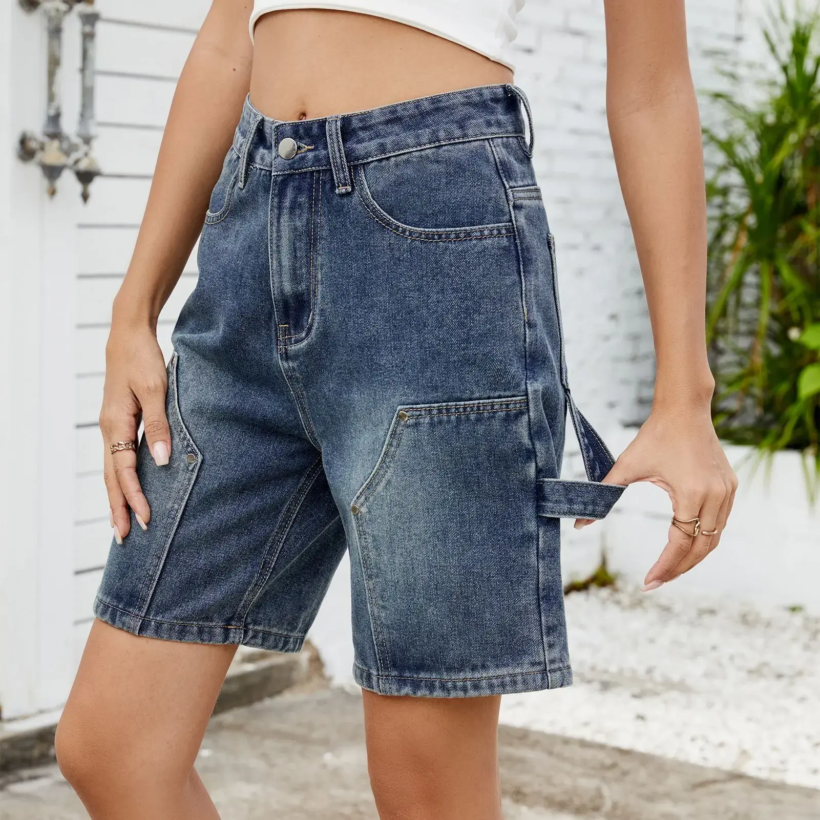 Denim Straight Pants Women Vintage Mom Jeans Knee Length Trousers Mid Waist Washed Distressed Pockets 2025 Shorts Streetwear
