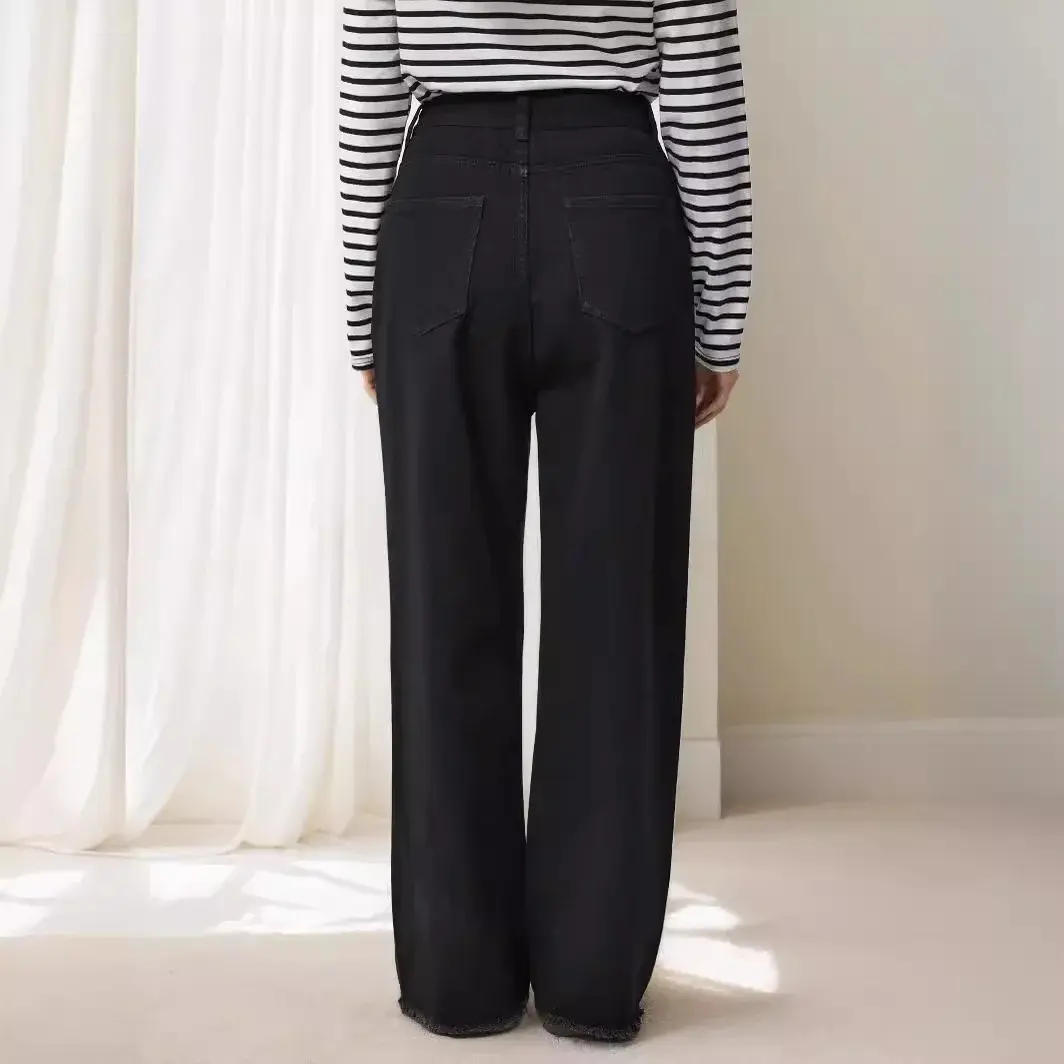 Mom Jeans Women Wide Leg Pants High Waist Washed Pockets Button Vintage Denim Streetwear Y2k Basics Straight Trousers 2025