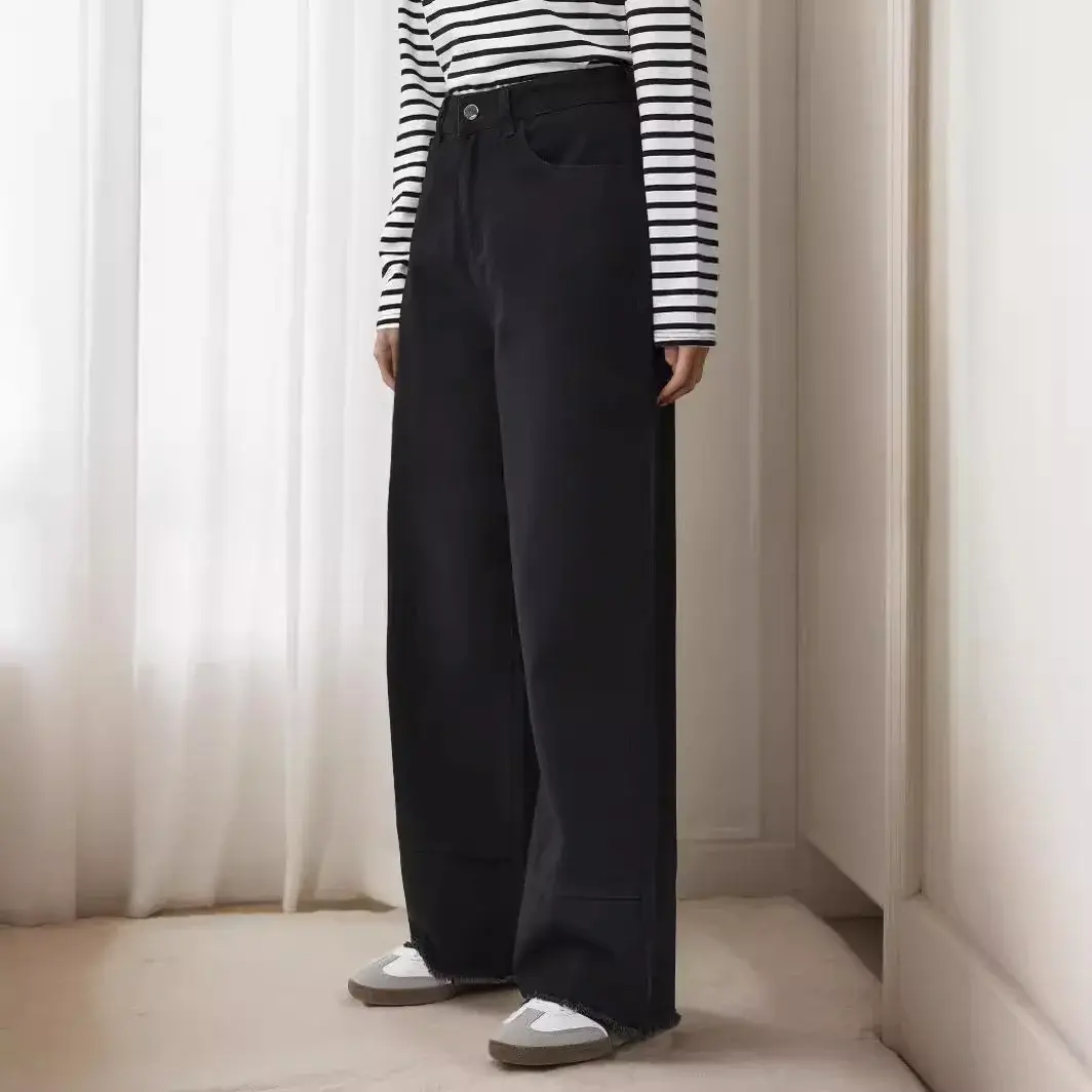 Mom Jeans Women Wide Leg Pants High Waist Washed Pockets Button Vintage Denim Streetwear Y2k Basics Straight Trousers 2025