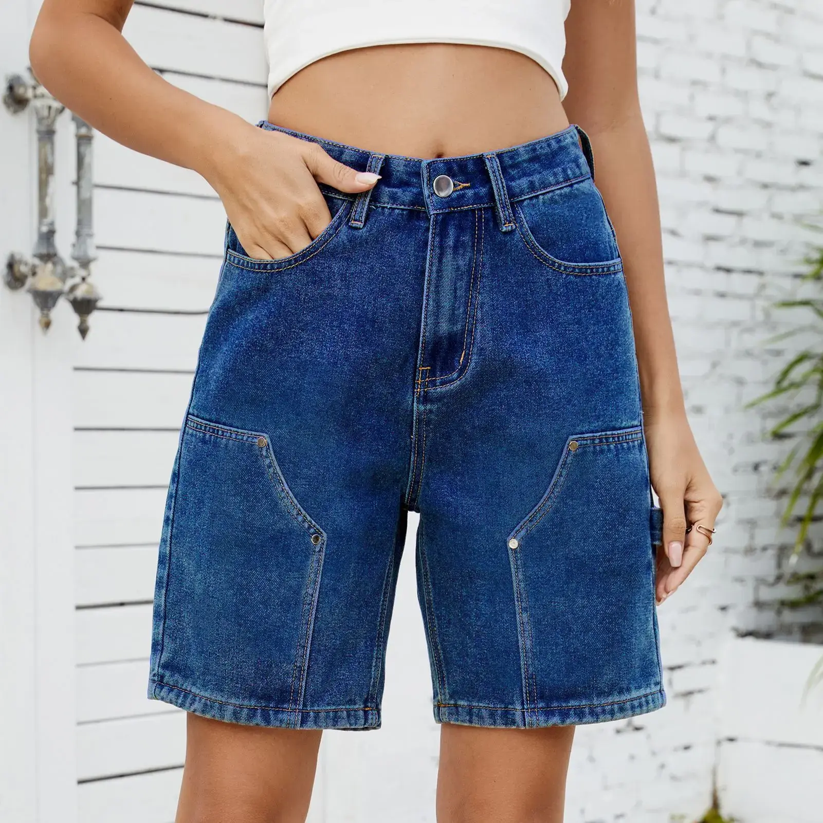 Denim Straight Pants Women Vintage Mom Jeans Knee Length Trousers Mid Waist Washed Distressed Pockets 2025 Shorts Streetwear