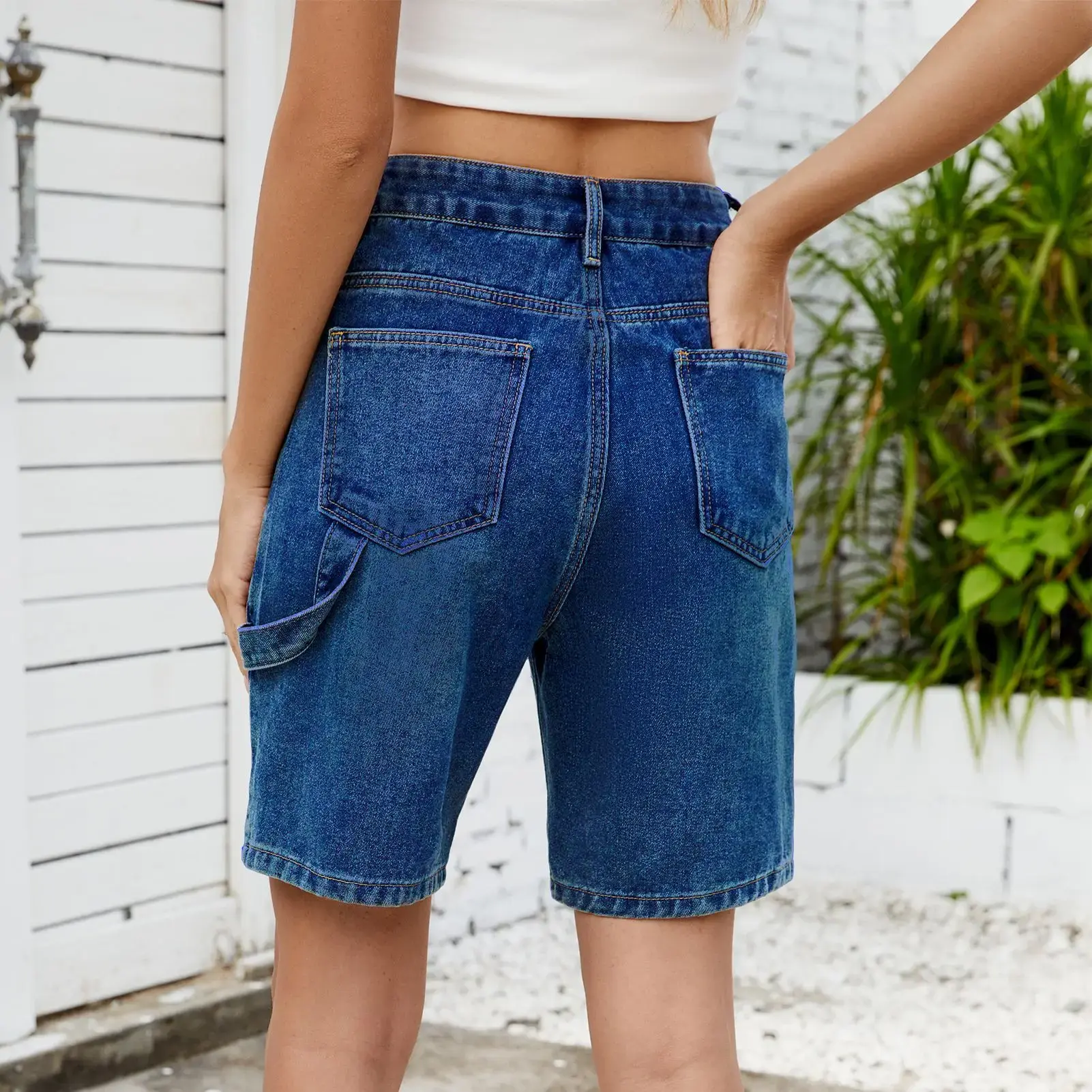 Denim Straight Pants Women Vintage Mom Jeans Knee Length Trousers Mid Waist Washed Distressed Pockets 2025 Shorts Streetwear