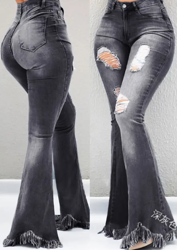 Ripped Jean Distressed Flare Full Length Women Denim Pants Hole Pockets High Waist Washed Bleached Loose Basics 2024 Solid