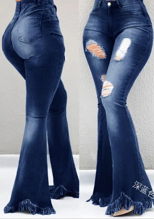 Ripped Jean Distressed Flare Full Length Women Denim Pants Hole Pockets High Waist Washed Bleached Loose Basics 2024 Solid