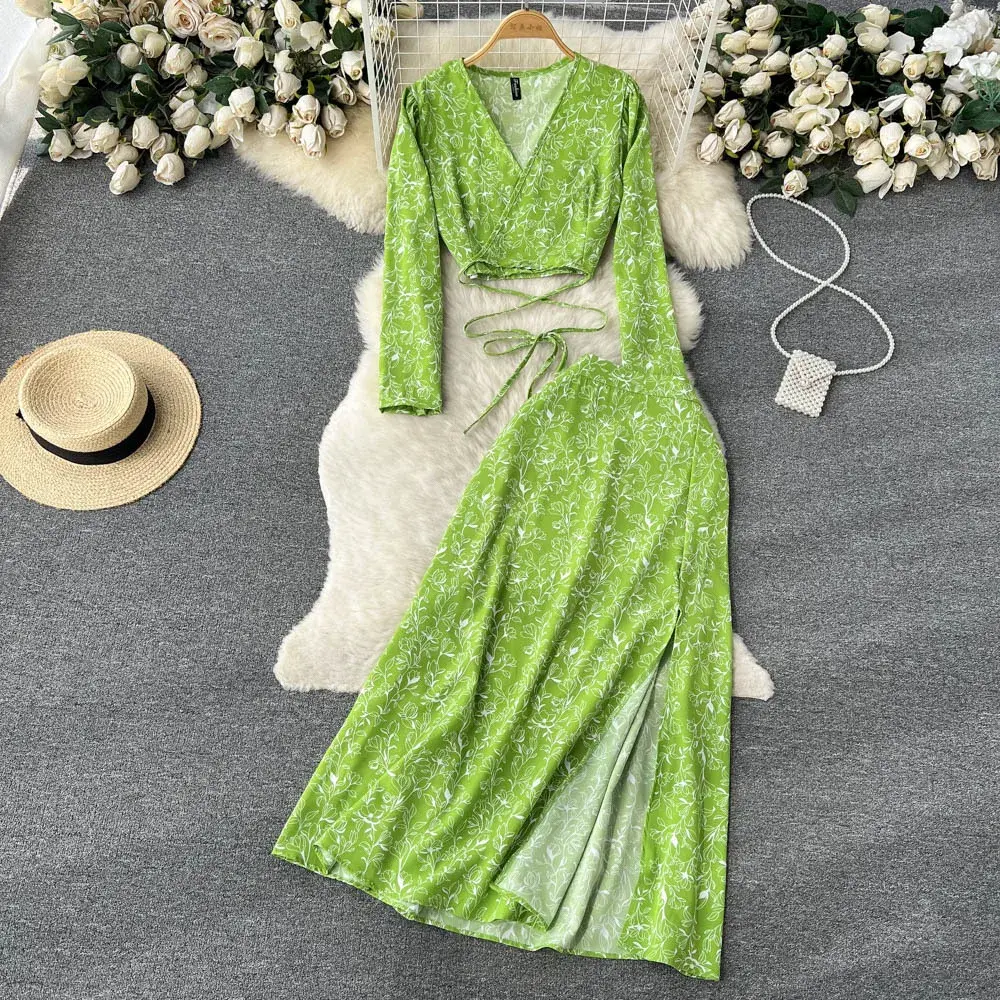 Skirts Two Piece Women Ankle Length Print Dress Sets V Neck Tops Pullover Sexy Wrap Buttocks High Street 2025 Y2k Streetwear