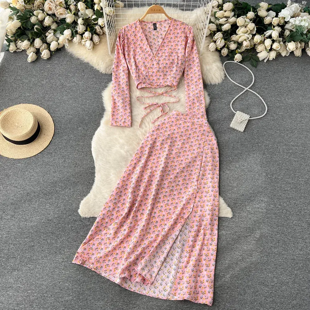 Skirts Two Piece Women Ankle Length Print Dress Sets V Neck Tops Pullover Sexy Wrap Buttocks High Street 2025 Y2k Streetwear
