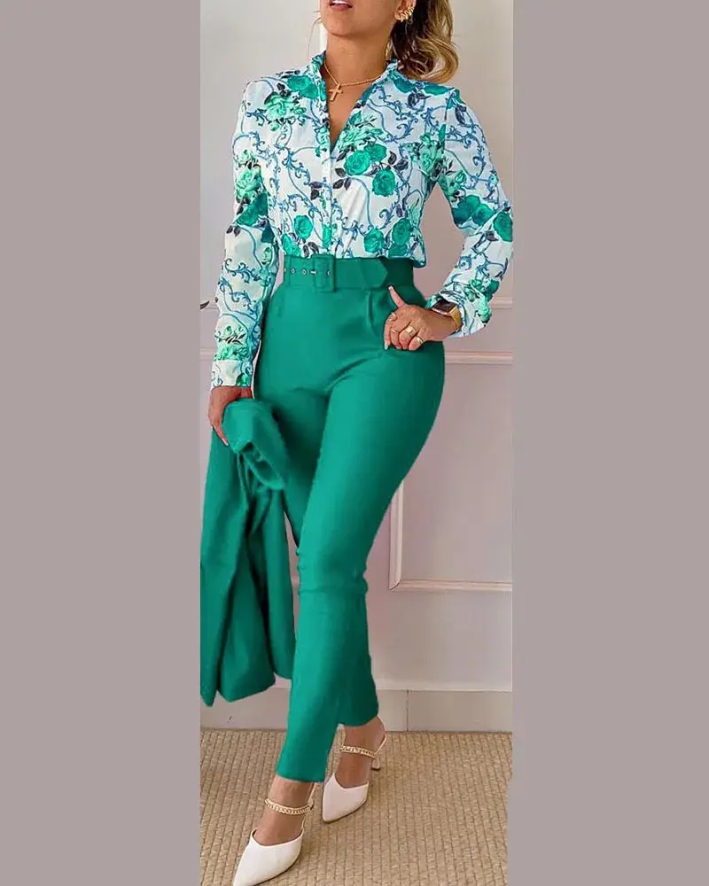 Pant Sets Women Single Breasted Matching Sets Blouses Tracksuit Wide Leg Pants Sets Pockets Loose Elegant Work Button 2025