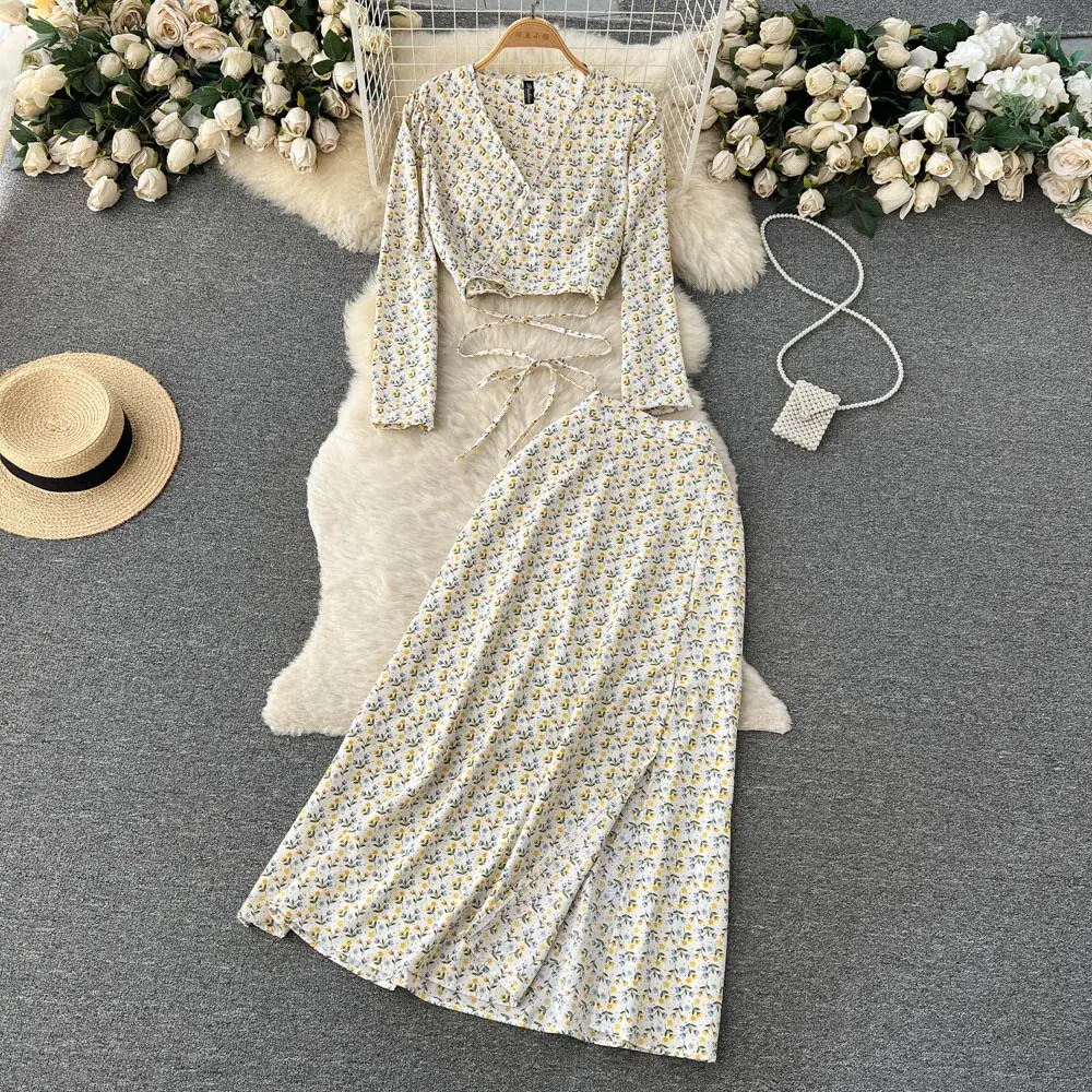 Skirts Two Piece Women Ankle Length Print Dress Sets V Neck Tops Pullover Sexy Wrap Buttocks High Street 2025 Y2k Streetwear