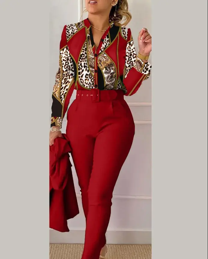 Pant Sets Women Single Breasted Matching Sets Blouses Tracksuit Wide Leg Pants Sets Pockets Loose Elegant Work Button 2025