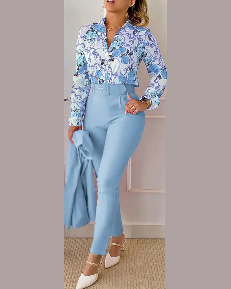 Pant Sets Women Single Breasted Matching Sets Blouses Tracksuit Wide Leg Pants Sets Pockets Loose Elegant Work Button 2025
