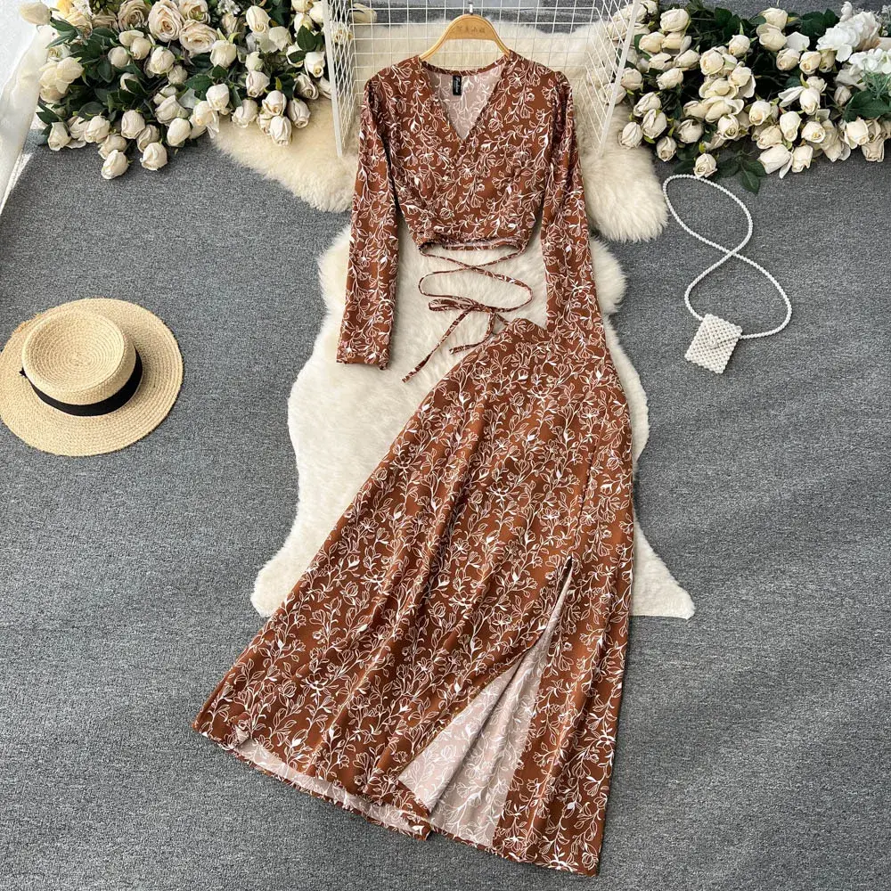 Skirts Two Piece Women Ankle Length Print Dress Sets V Neck Tops Pullover Sexy Wrap Buttocks High Street 2025 Y2k Streetwear