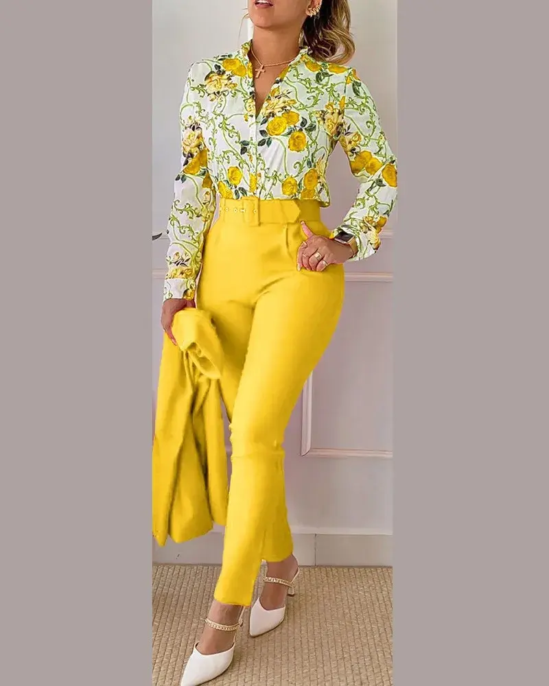 Pant Sets Women Single Breasted Matching Sets Blouses Tracksuit Wide Leg Pants Sets Pockets Loose Elegant Work Button 2025