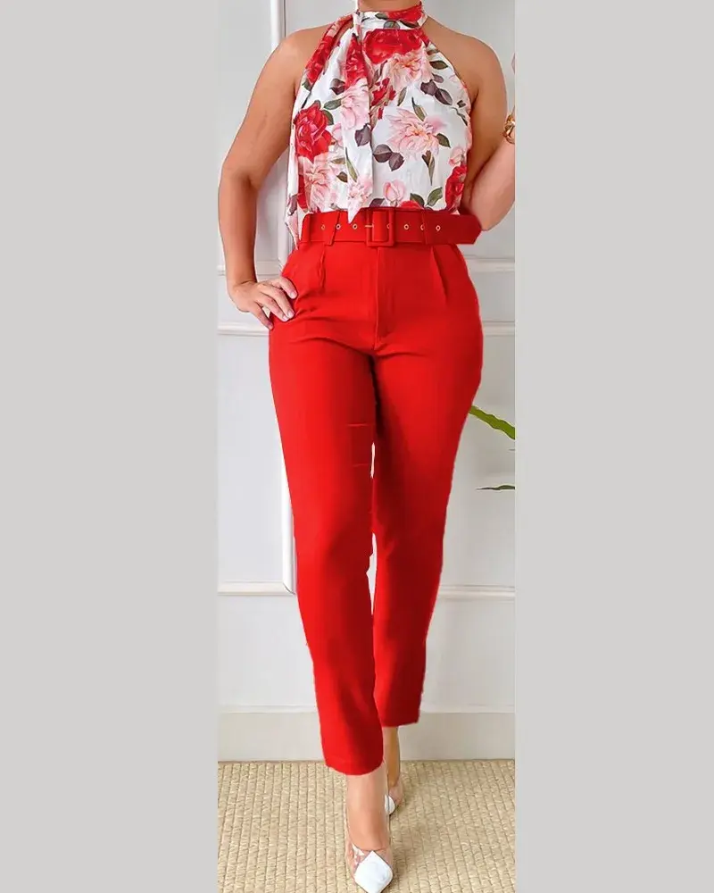 Two Pieces Set Pant Sets Women Tracksuit Turtleneck Tops Sleeveless Pencil Pants Spliced Slim Pockets Pullover High Street Print
