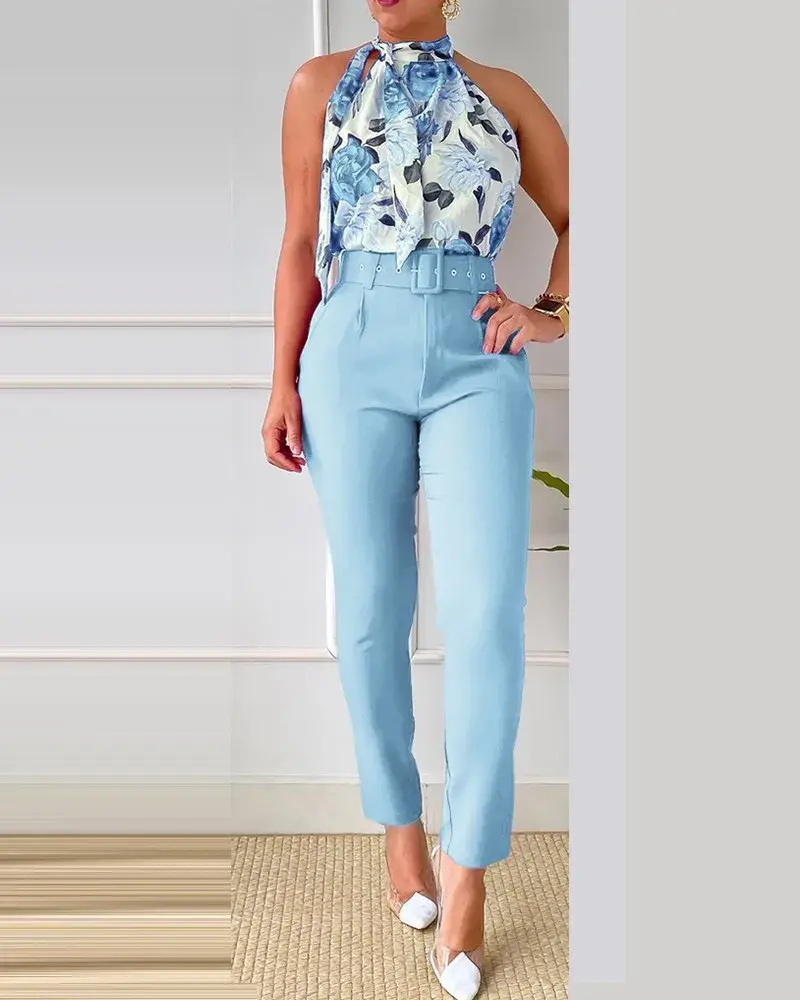 Two Pieces Set Pant Sets Women Tracksuit Turtleneck Tops Sleeveless Pencil Pants Spliced Slim Pockets Pullover High Street Print