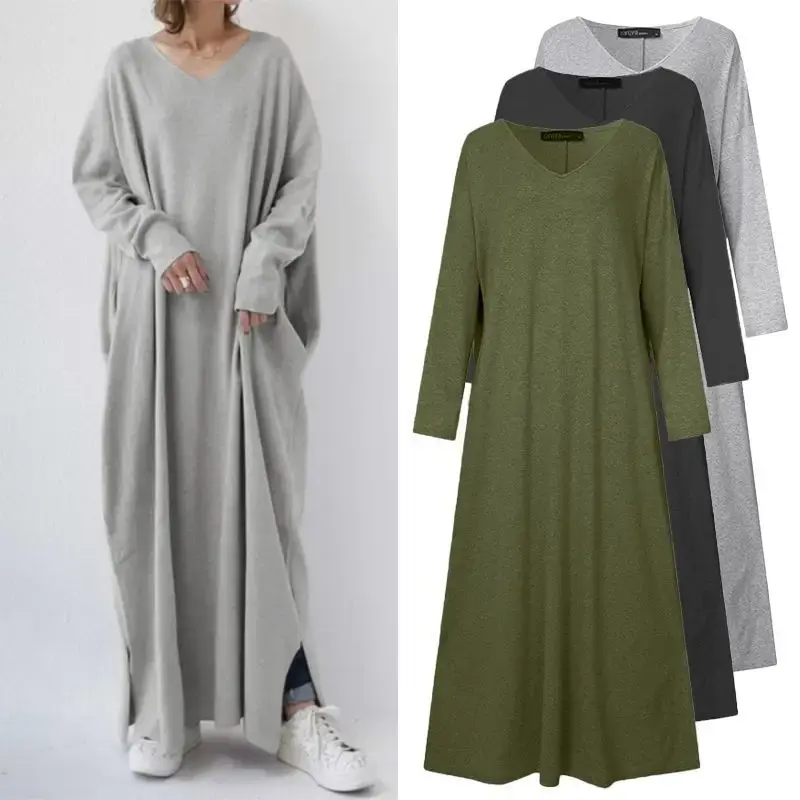 Dress Women Spring Simple Casual Knitted Long Sleeve Sexy V-neck Large Hem Streetwear Loose Vestido De Mujer Maxi Long Dresses
