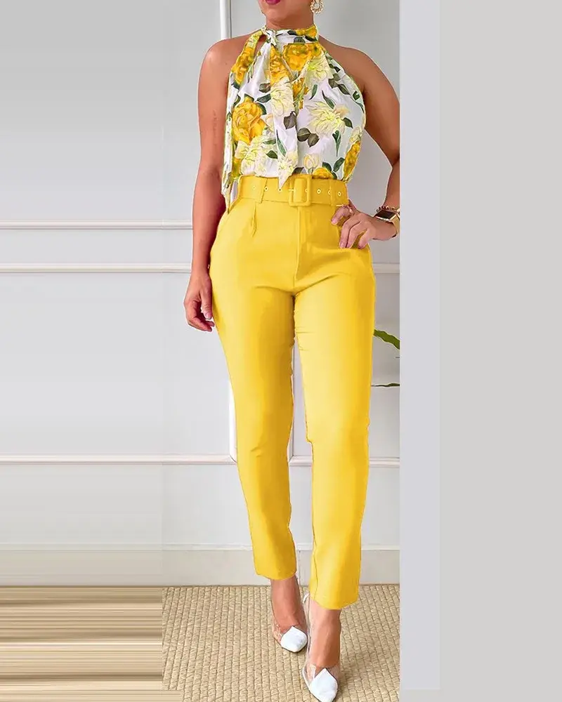 Two Pieces Set Pant Sets Women Tracksuit Turtleneck Tops Sleeveless Pencil Pants Spliced Slim Pockets Pullover High Street Print