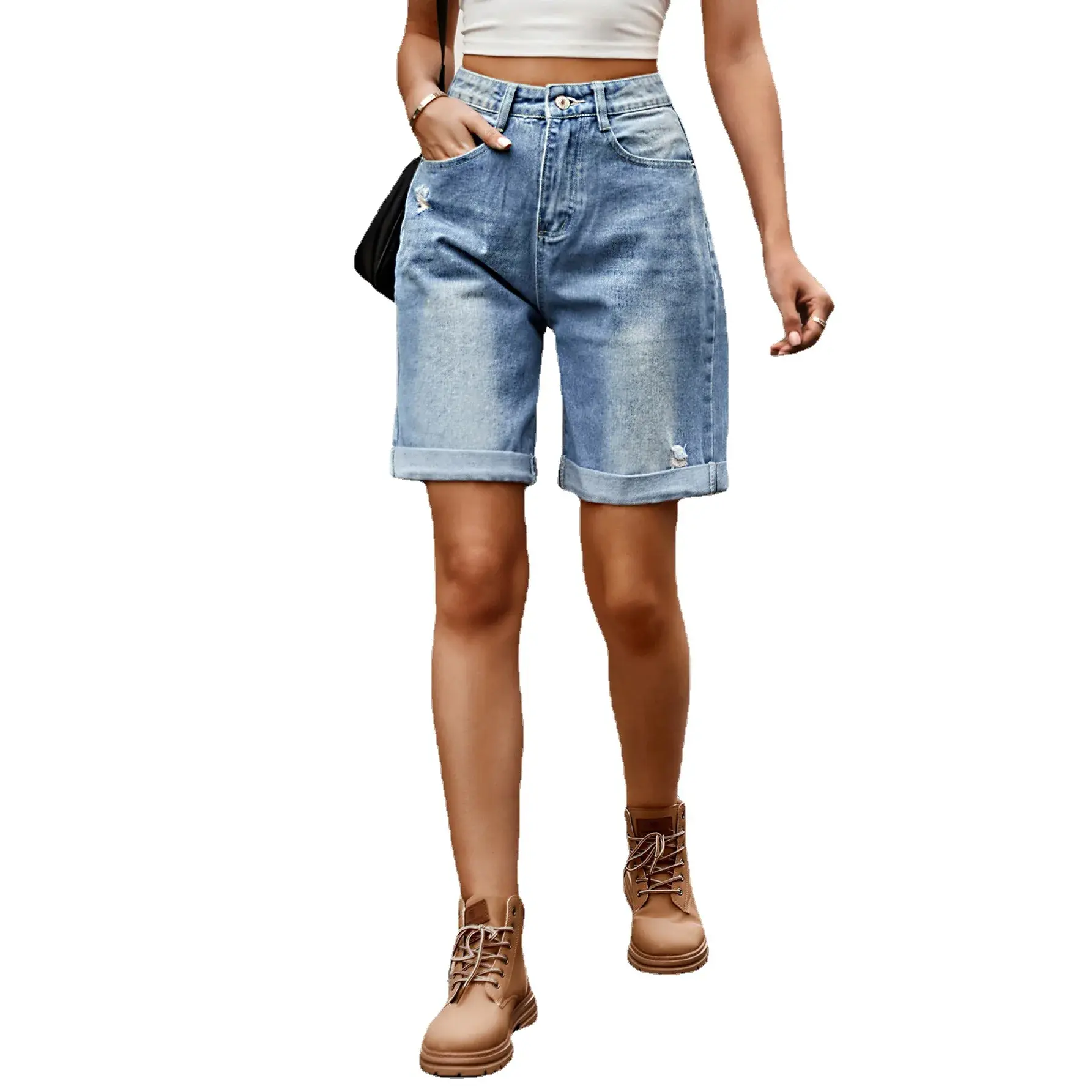 Hole Jeans Women Vintage Straight Fifth Pants Knee Length Distressed Washed Mid Waist Pockets Mom Jeans Denim Streetwear 2025