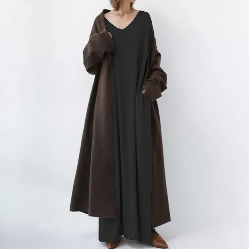 Dress Women Spring Simple Casual Knitted Long Sleeve Sexy V-neck Large Hem Streetwear Loose Vestido De Mujer Maxi Long Dresses