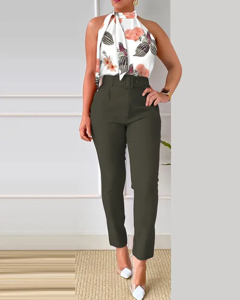Two Pieces Set Pant Sets Women Tracksuit Turtleneck Tops Sleeveless Pencil Pants Spliced Slim Pockets Pullover High Street Print