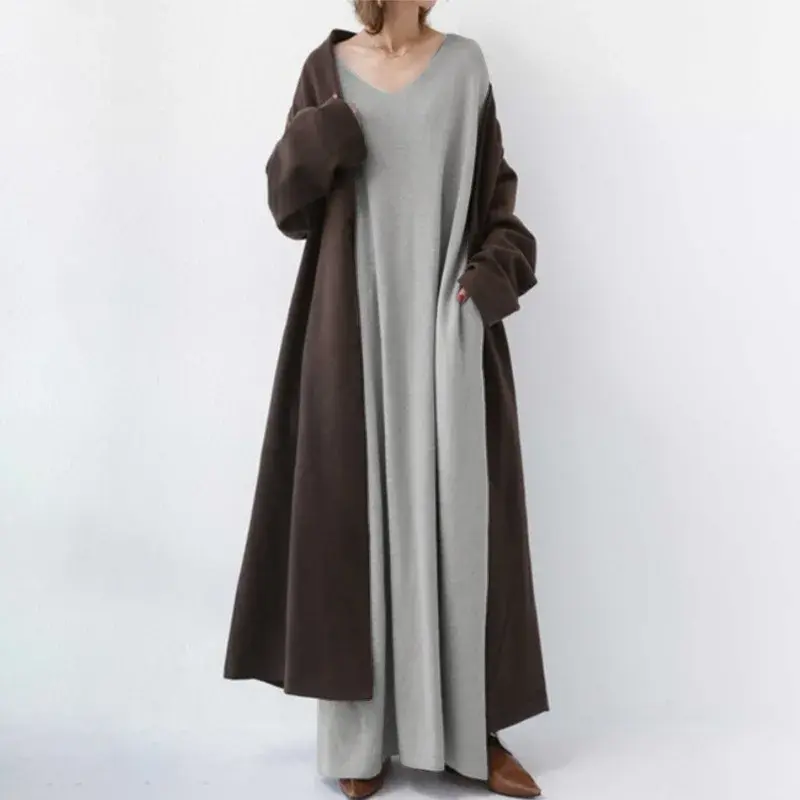 Dress Women Spring Simple Casual Knitted Long Sleeve Sexy V-neck Large Hem Streetwear Loose Vestido De Mujer Maxi Long Dresses