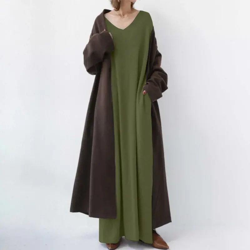Dress Women Spring Simple Casual Knitted Long Sleeve Sexy V-neck Large Hem Streetwear Loose Vestido De Mujer Maxi Long Dresses