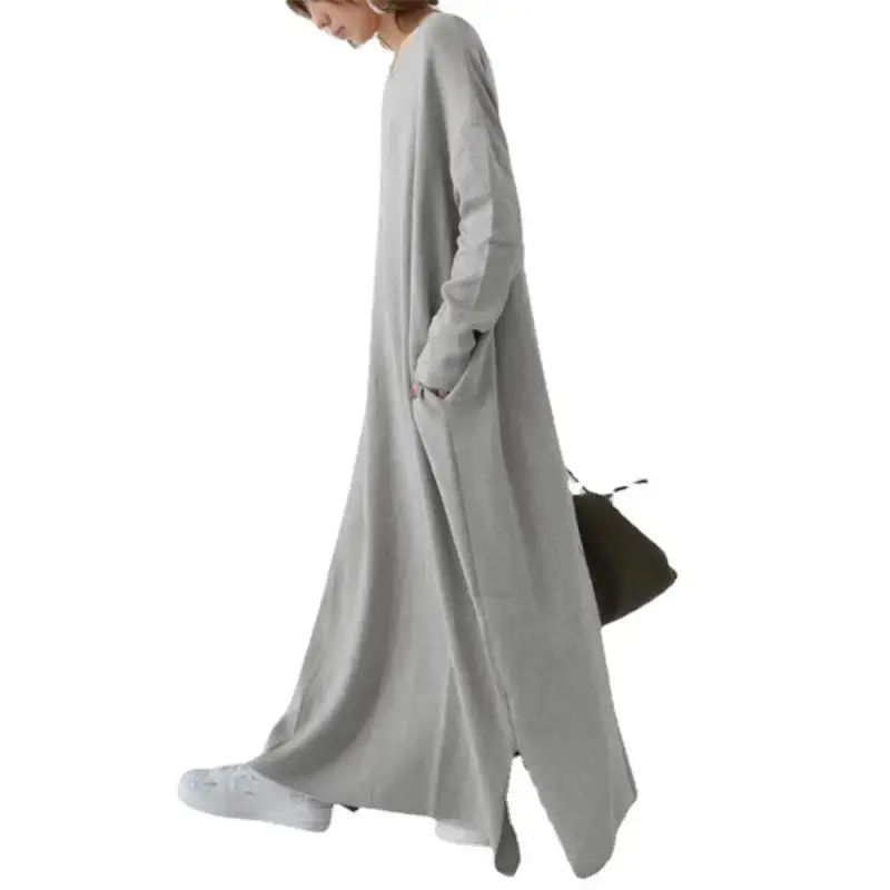 Dress Women Spring Simple Casual Knitted Long Sleeve Sexy V-neck Large Hem Streetwear Loose Vestido De Mujer Maxi Long Dresses