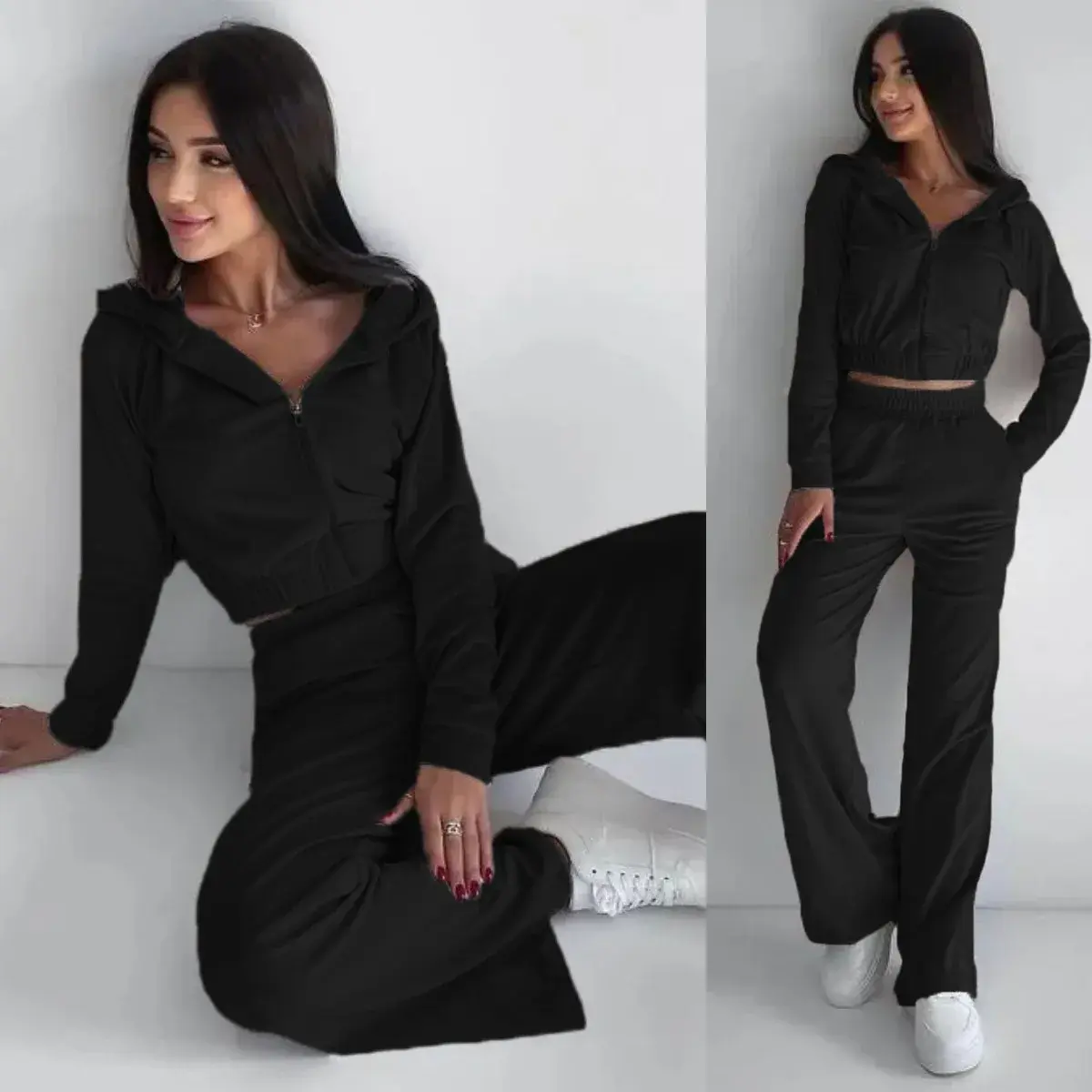 Pants Set Women Suits High Waist Loose Jogger Vintage Two Piece Set Jogger Tracksuit Casual Suit Coat Short Hooded Zipper Tops