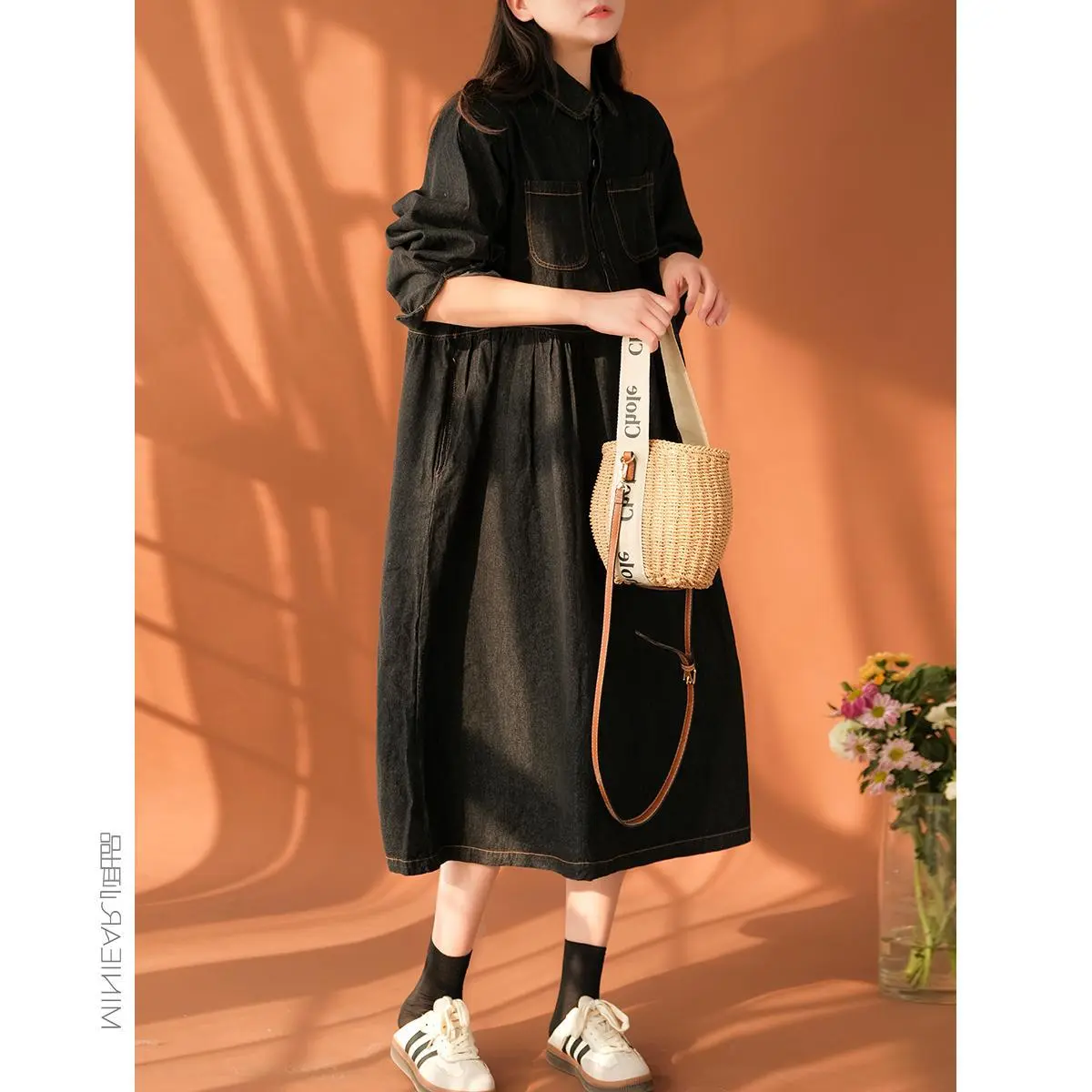 Women Dresses Single Breasted Turn Down Collar Denim Dress Solid Pockets Button Slight Strech Loose Fit Solid High Street