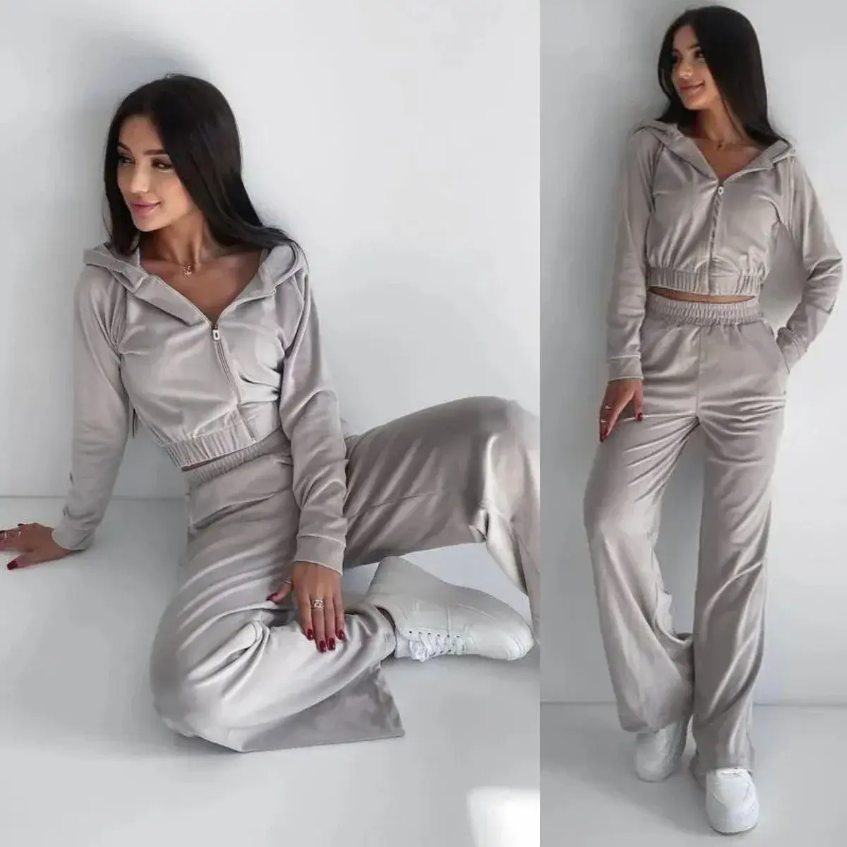 Pants Set Women Suits High Waist Loose Jogger Vintage Two Piece Set Jogger Tracksuit Casual Suit Coat Short Hooded Zipper Tops