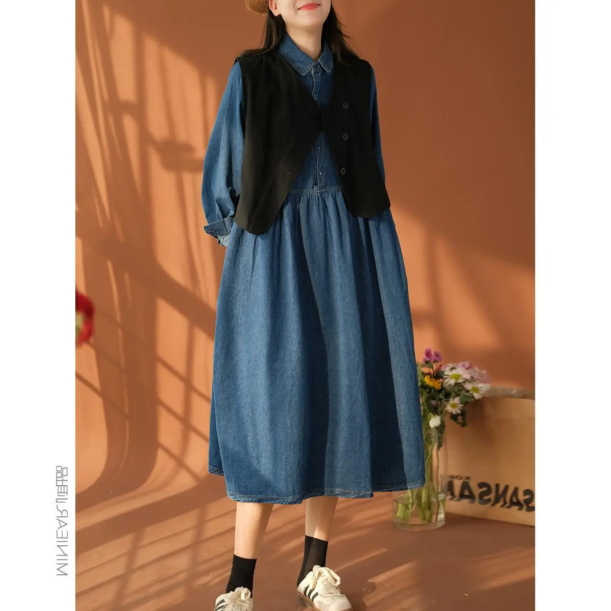 Women Dresses Single Breasted Turn Down Collar Denim Dress Solid Pockets Button Slight Strech Loose Fit Solid High Street