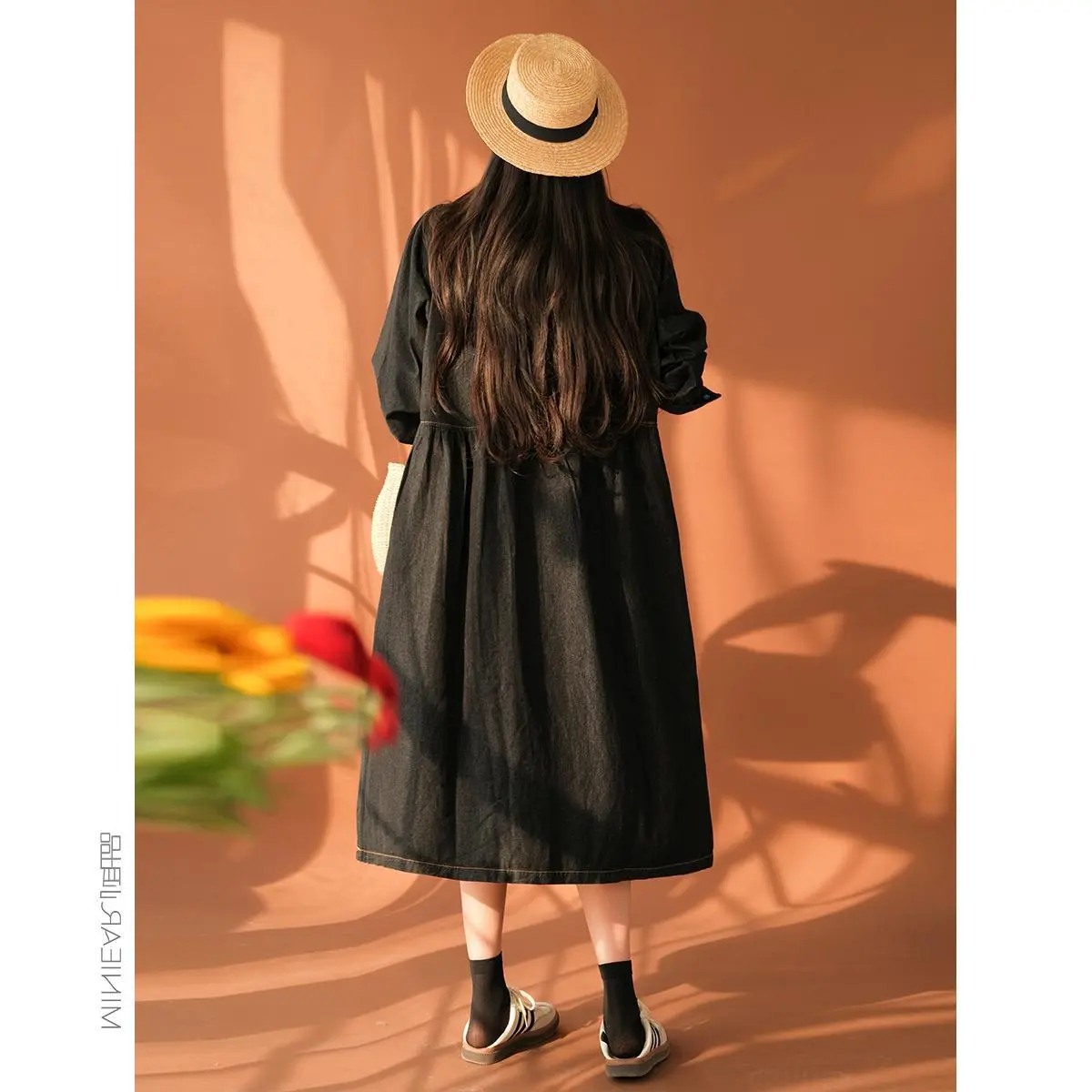 Women Dresses Single Breasted Turn Down Collar Denim Dress Solid Pockets Button Slight Strech Loose Fit Solid High Street