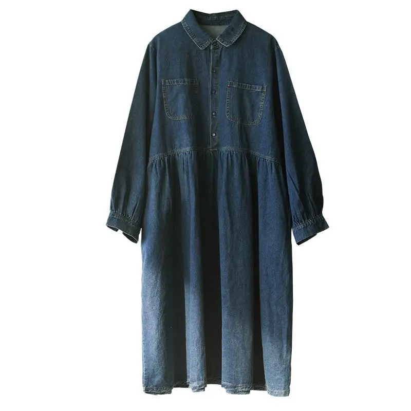 Women Dresses Single Breasted Turn Down Collar Denim Dress Solid Pockets Button Slight Strech Loose Fit Solid High Street