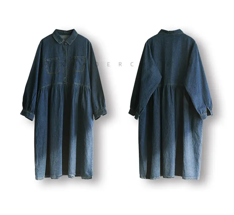 Women Dresses Single Breasted Turn Down Collar Denim Dress Solid Pockets Button Slight Strech Loose Fit Solid High Street
