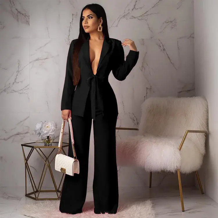 Matching Sets Cardigan Outerwear Full Length Wide Leg Pant Sets Solid Two Pieces set Loose Pockets Office Lady 2024 Spliced