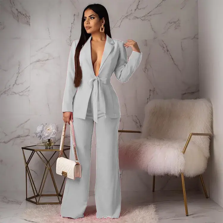 Matching Sets Cardigan Outerwear Full Length Wide Leg Pant Sets Solid Two Pieces set Loose Pockets Office Lady 2024 Spliced