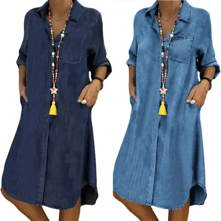 2025 Autumn Denim Dress Women Long Shirt Dresses Leisure Turn Down Collar Solid Long Skirts Female Elegant Loose Ladies Clothes