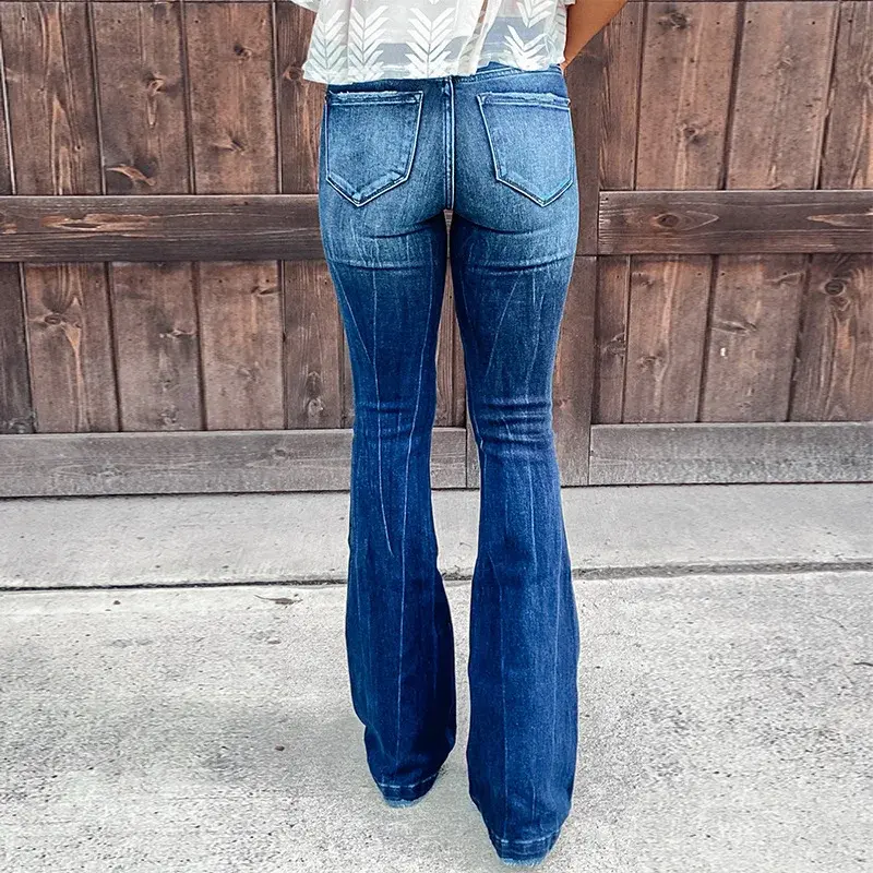 Women Jeans Boot Cut Pants Holes Washing Slim Fit Denim Zipper Fly Pockets High Street Slight Strech Solid Color Spring