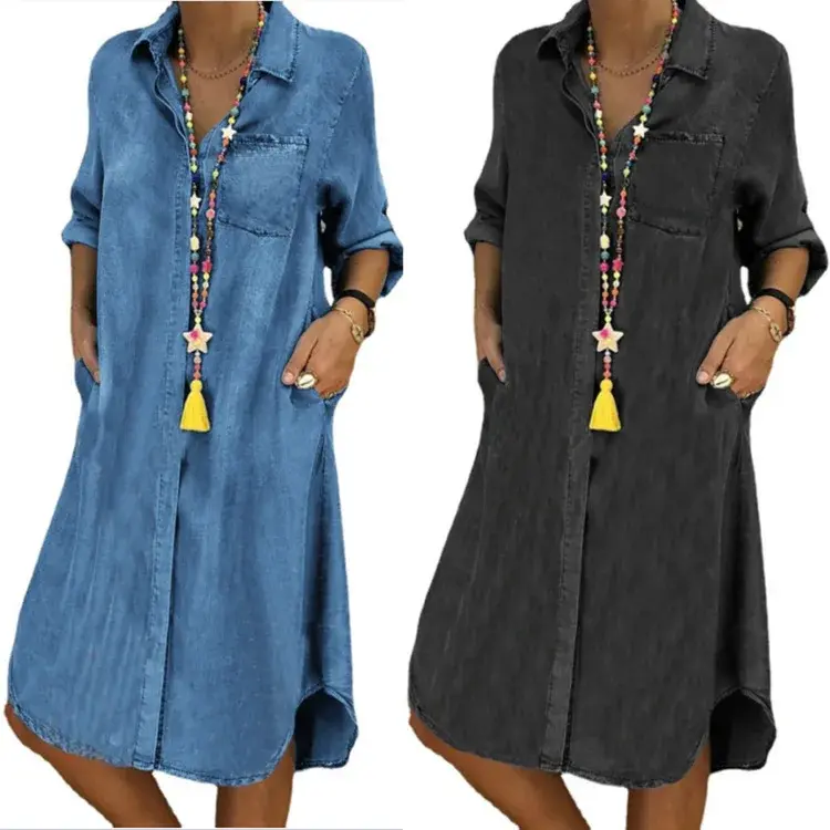 2025 Autumn Denim Dress Women Long Shirt Dresses Leisure Turn Down Collar Solid Long Skirts Female Elegant Loose Ladies Clothes