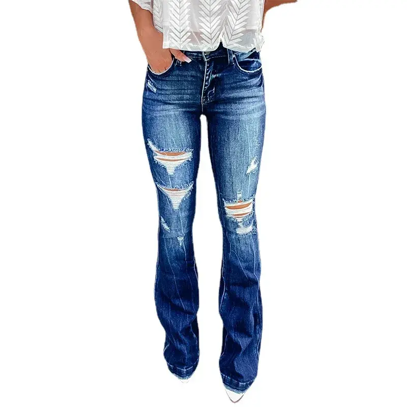Women Jeans Boot Cut Pants Holes Washing Slim Fit Denim Zipper Fly Pockets High Street Slight Strech Solid Color Spring