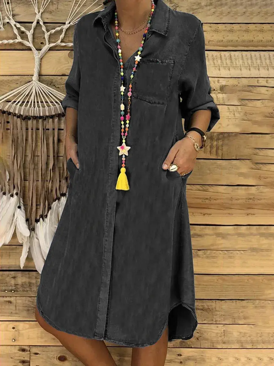 2025 Autumn Denim Dress Women Long Shirt Dresses Leisure Turn Down Collar Solid Long Skirts Female Elegant Loose Ladies Clothes