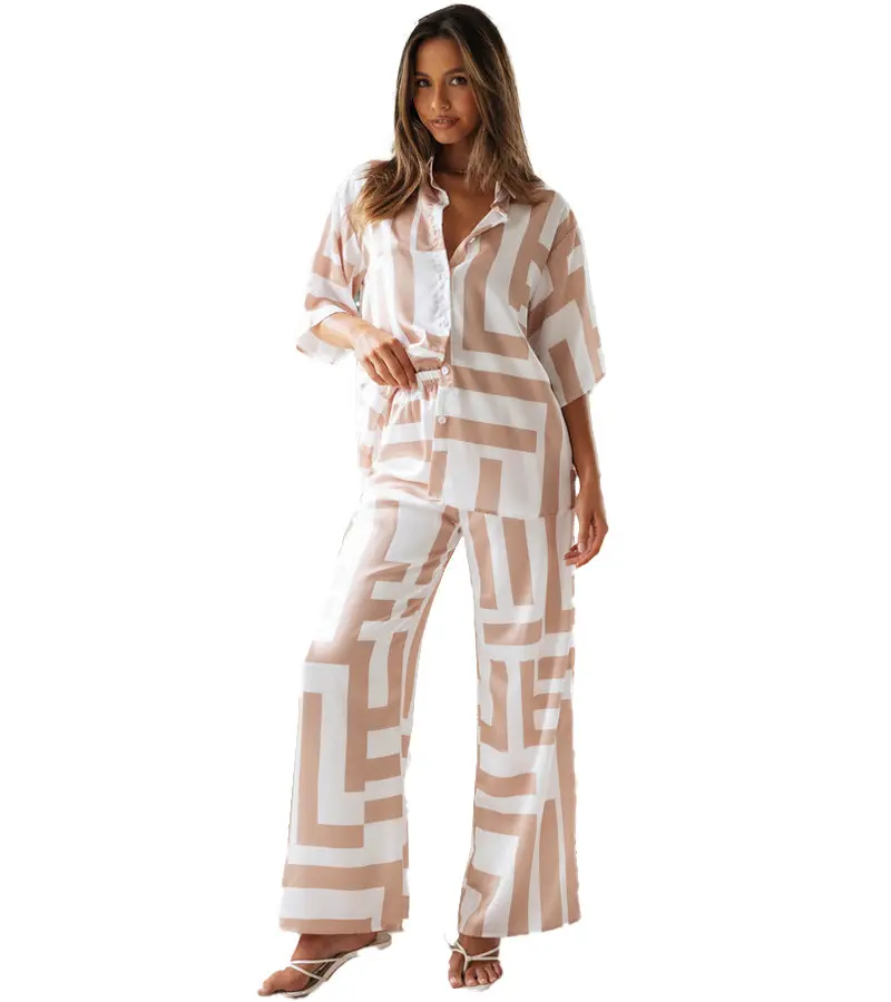 Summer Two Piece Pant Sets Women 2025 Elegant Casual Suit Loose Geometric Print Shirt Tank Top Wide Leg Pants Matching Sets
