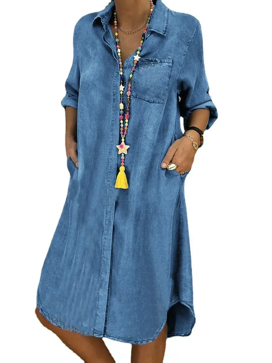 2025 Autumn Denim Dress Women Long Shirt Dresses Leisure Turn Down Collar Solid Long Skirts Female Elegant Loose Ladies Clothes