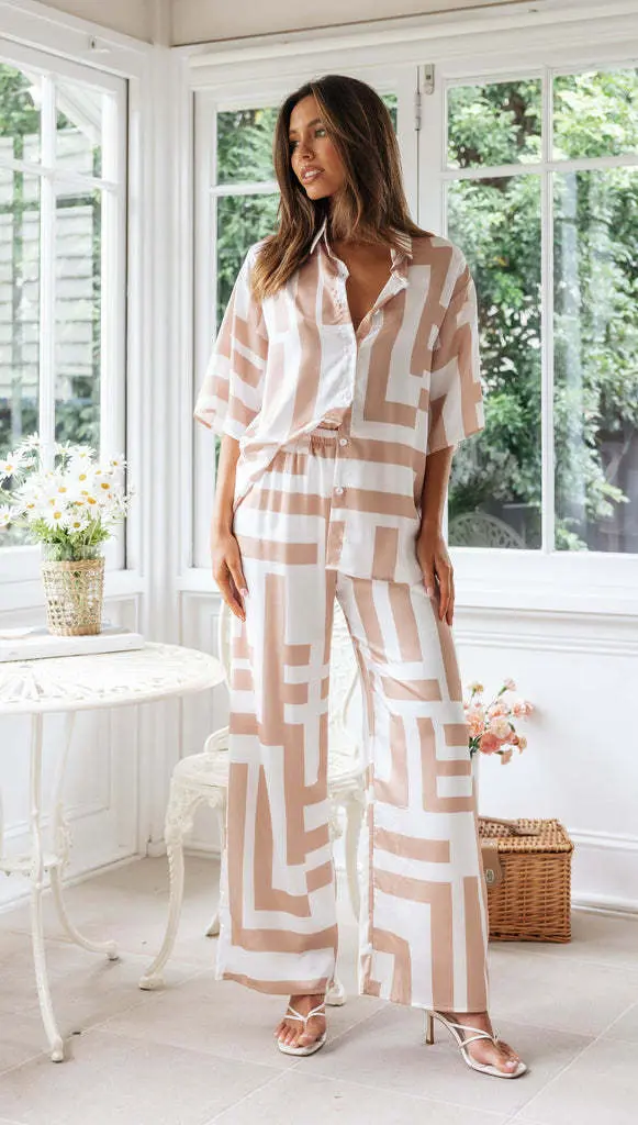 Summer Two Piece Pant Sets Women 2025 Elegant Casual Suit Loose Geometric Print Shirt Tank Top Wide Leg Pants Matching Sets